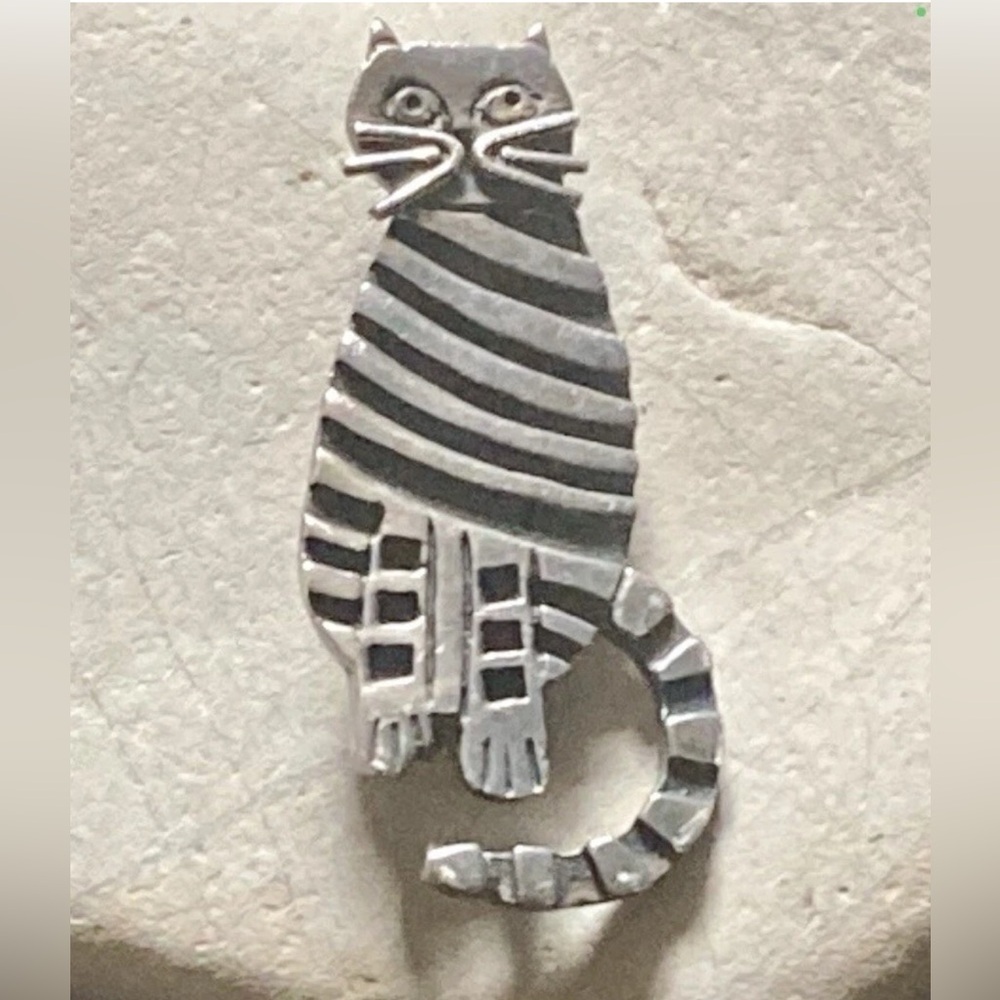 Vintage Sterling Silver 925 Art Deco Cat Brooch Modernist Kitty Pin Retro